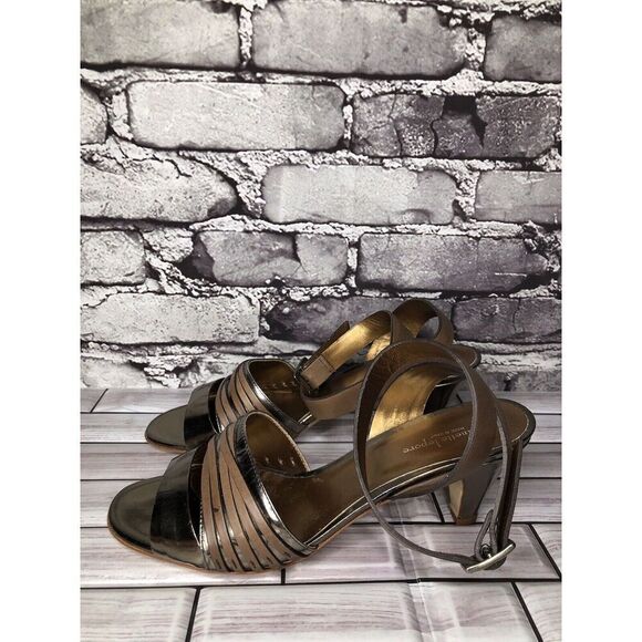 Nanette Lepore Silver Patent Brown Leather Ankle Straps Heels Women Sz 38EU/7.5M - Picture 1 of 16